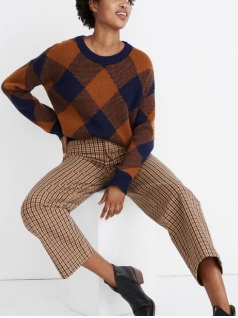 Madewell Mullen Pullover Plaid Wool Blend Sweater Navy Rust Quiet Luxury Small
